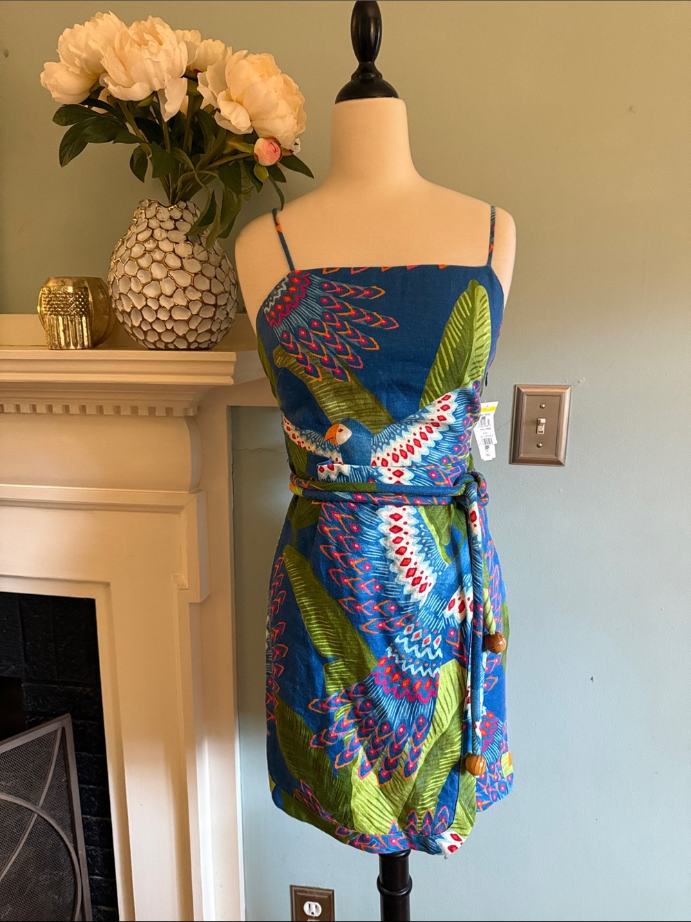 FARM Rio Blue Macaw Linen Mini Dress - XS - NWT